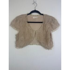 Pniina Womens Short Sleeve Cropped Floral Rose Retro Cream Bolero Shrug Large